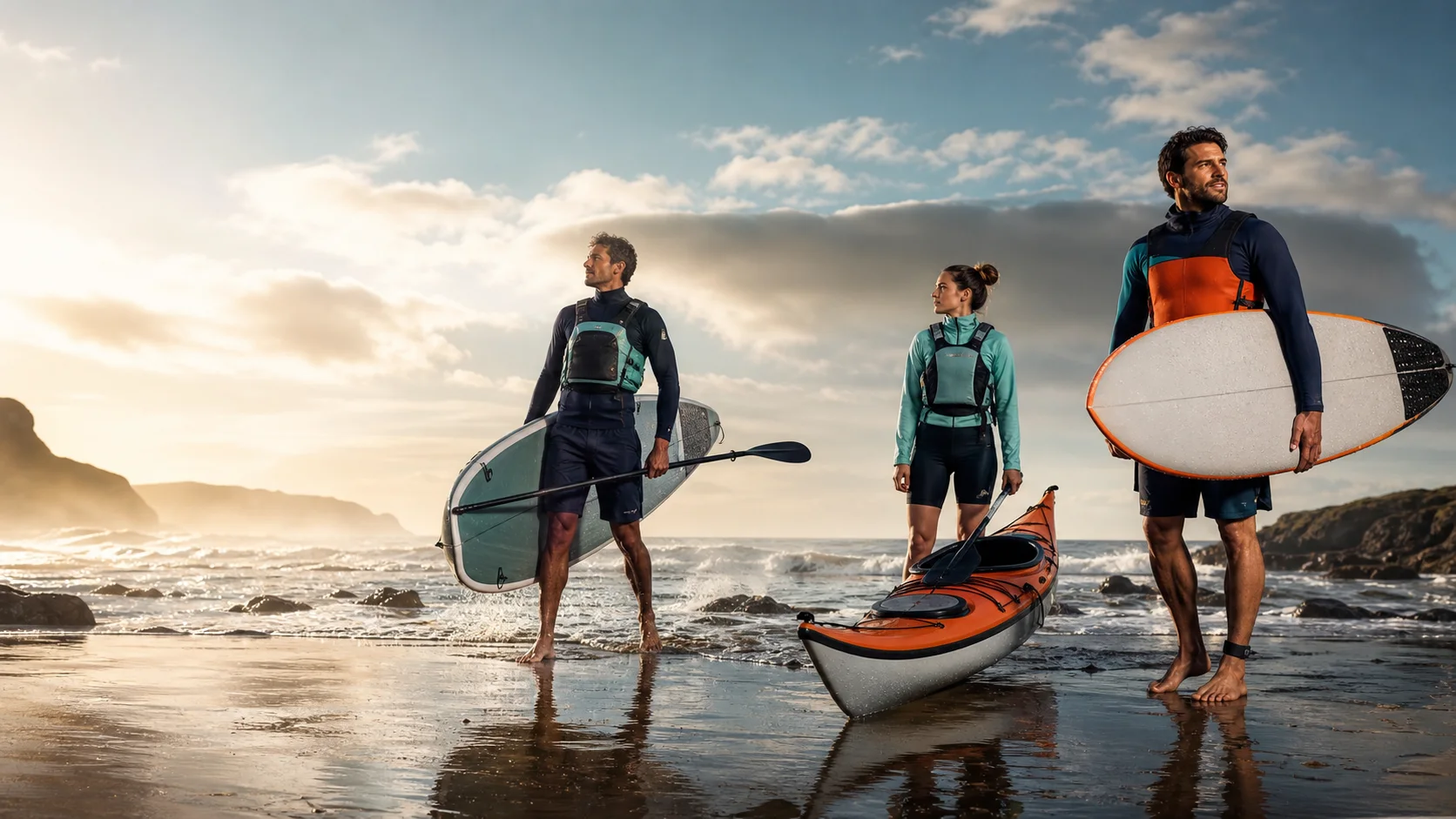 Pratiquants adultes de paddle, kayak et surf sur une plage